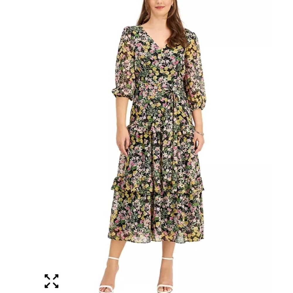 Taylor Floral Print Ruffled Tiered Midi Dress Womens Size 8 Black Pink‎ Yellow